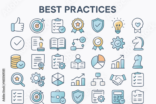 Illustrative best practices icon set for effective productivity showcasing successful strategies and business goals implementation