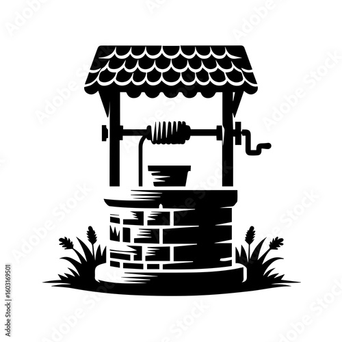 Rustic Black and White Wishing Well Illustration:  Simple, Vintage, Hand-Drawn Style,  Countryside Theme,  Nostalgic Mood.