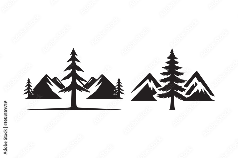 Obraz premium Stylized mountain and pine tree landscape silhouette