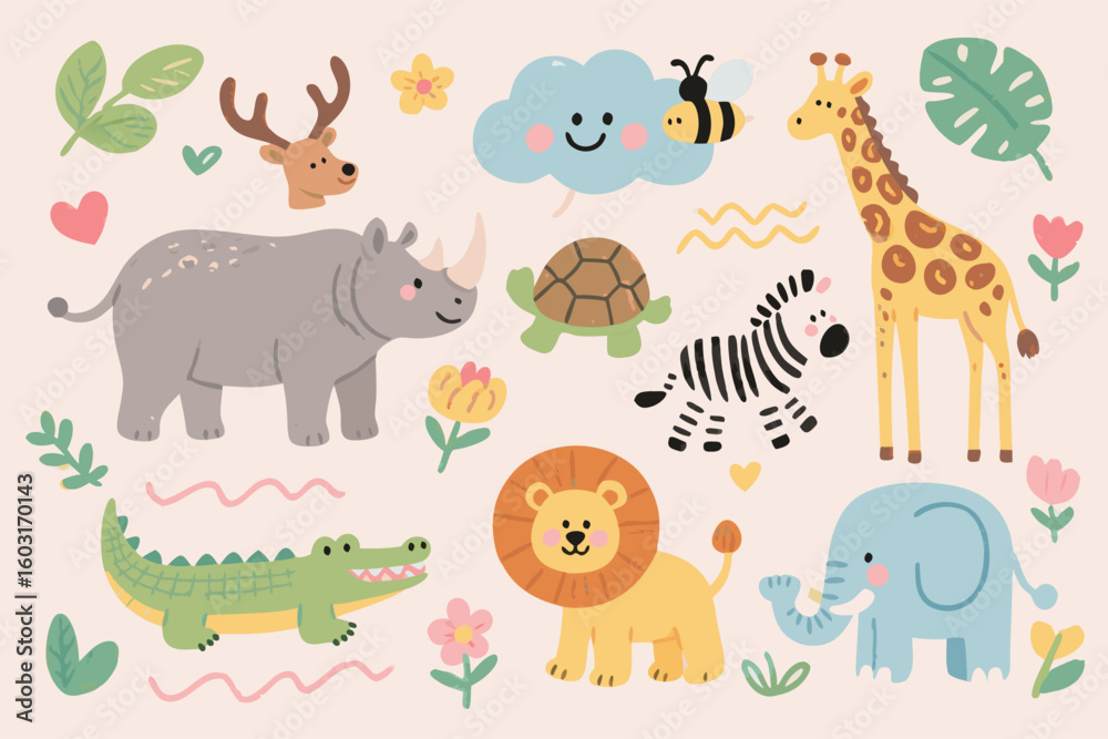 Naklejka premium Adorable Cartoon Animal Characters in Playful and Cute Style for Nursery Designs and Childhood Projects