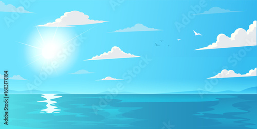 Bright sun over calm ocean with scattered clouds and flying birds, minimalist graphic style on blue sky background. Concept of peaceful nature. Vector illustration
