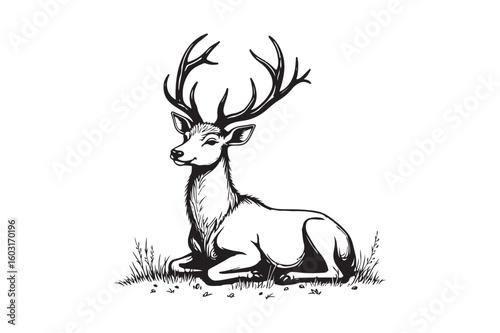 Majestic stag with antlers sitting in a field