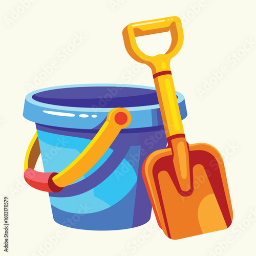 Brightly colored beach bucket and shovel for sand play