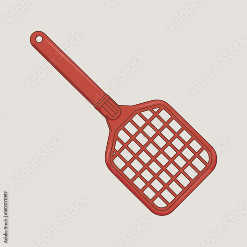 Red plastic fly swatter with grid pattern on a light background