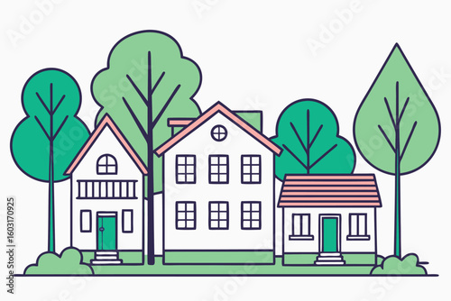 Row of houses with varied trees and green grass home