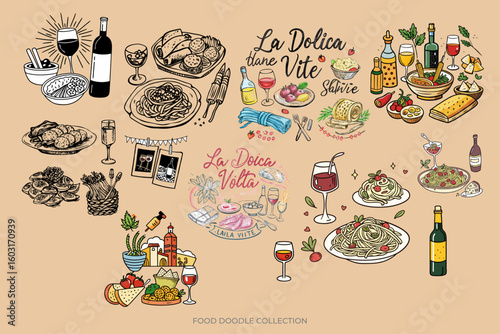Vector illustration of food and drinks hand drawn with colored pencils. Illustration of food with lunch or dinner, Mediterranean, wine vector, charcuterie, spaghetti
