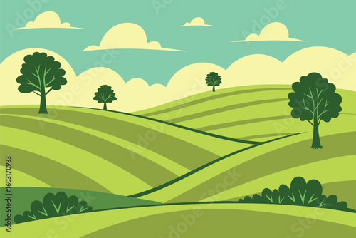 Rolling green hills with trees and clouds landscape