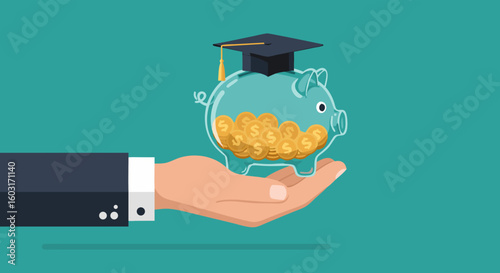 Investing in Education Concept Graduation Cap Piggy Bank Holding Hand with Coins Funds Future Finances