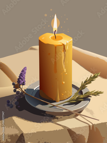 Natural Beeswax Candle on Linen Still Life