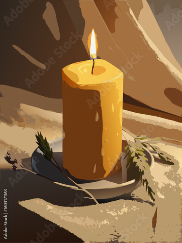 Natural Beeswax Candle on Linen Still Life
