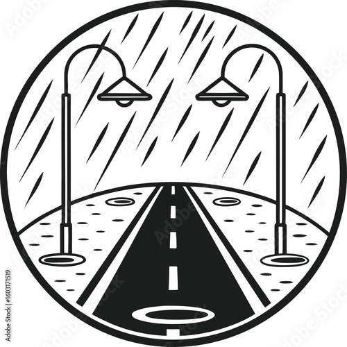 Black and white illustration of a road with streetlights and rain streaks inside a circle