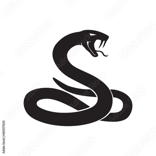 striking black silhouette of a coiled snake with open mouth on white background