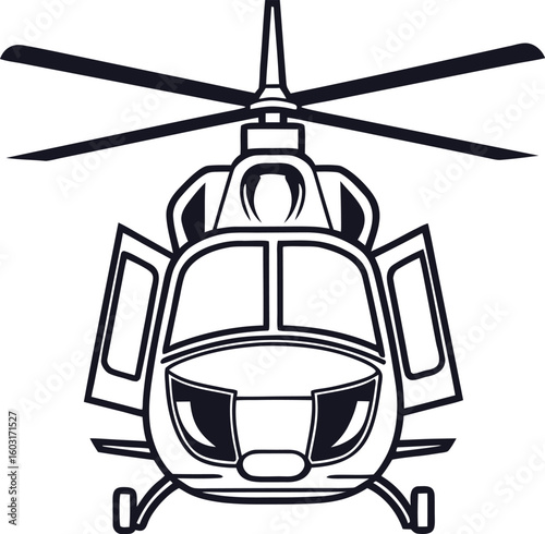 Black and white illustration of a helicopter with open doors and visible rotor blades