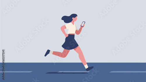 Woman jogging with mobile phone isolated illustration on flat style design running active lifestyle