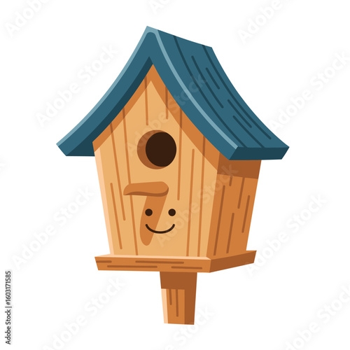 Charming wooden birdhouse with a happy face design