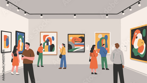 Art Gallery Scene: People explore colorful abstract paintings in museum setting illuminated by gallery lighting