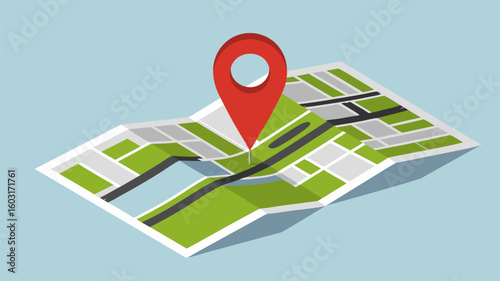 Isometric city map with red location mark pointer for travel and navigation concept design with location visualization