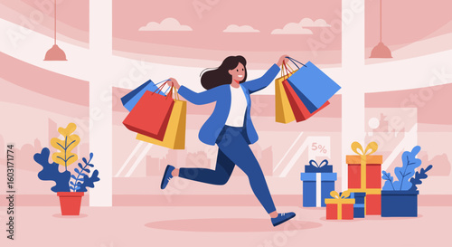 Joyful shopper with vibrant bags sprinting through retail space during sale season for perfect purchases