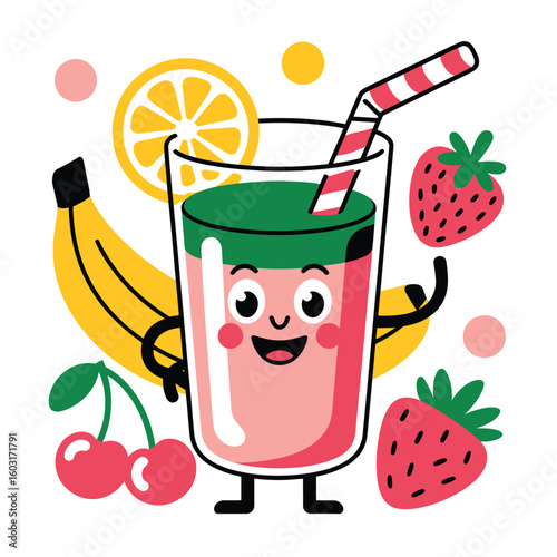 Happy fruit smoothie with banana and strawberries