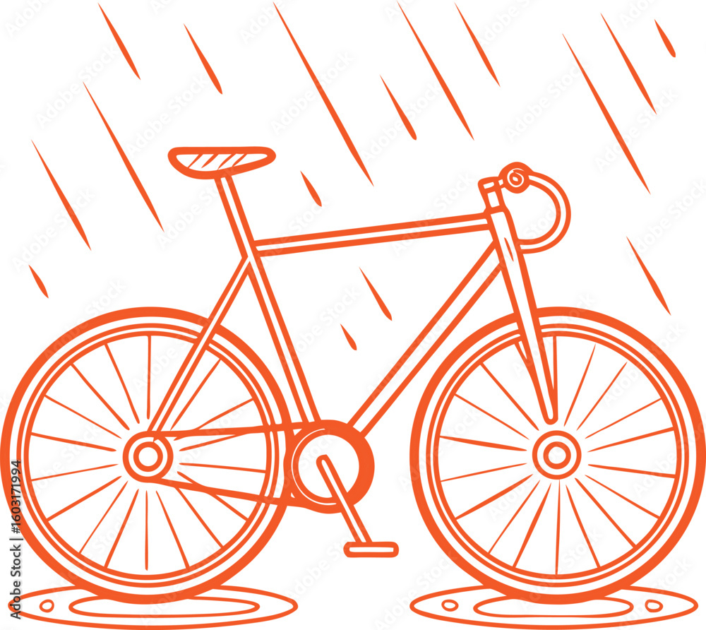 Fototapeta premium Orange bicycle with spokes parked in puddles during rain shower bike