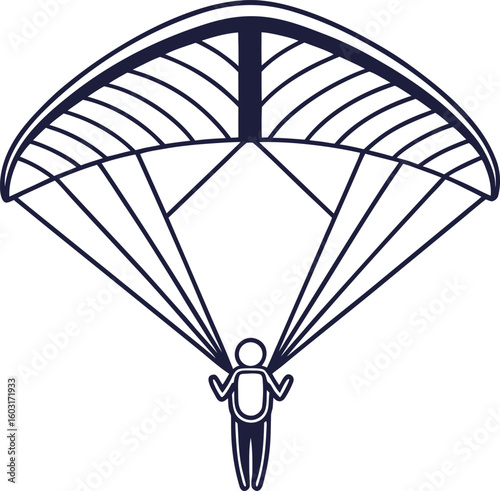 Dark blue outline of a person paragliding against a white background parachute skydiving