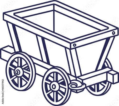Dark blue outline of an empty mine cart with four wheels on a white background trolley