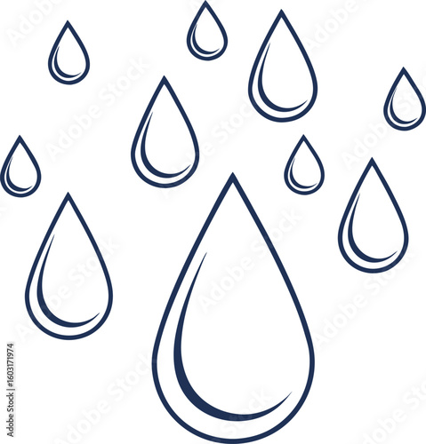 Dark blue outline water drops falling on white background droplet liquid