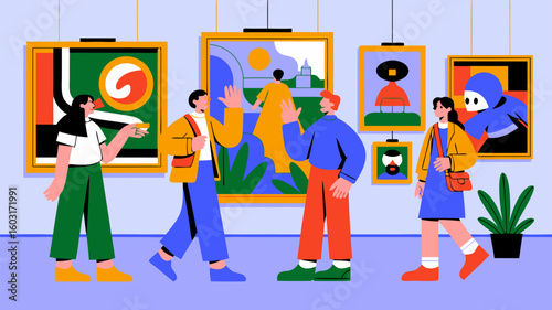 Art gallery exhibition scene with visitors admiring paintings, artistic illustration, bright colours and flat design style