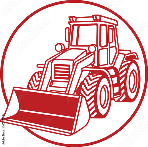 Red backhoe loader vehicle icon inside a circle outline construction vehicle heavy equipment