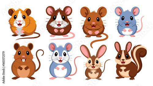 Set of cartoon rodents and other small mammals smiling and ready to bring cheer, vector art illustrations