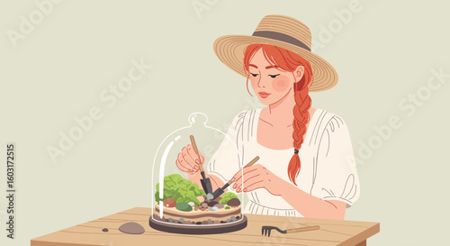 Red-haired woman in straw hat tending to a miniature terrarium with tiny gardening tools.