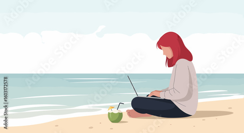 Relaxed Beachside Work Session with Coconut Drink