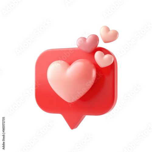 Social media notification icon with floating pink heart symbols on a black background rendered 3D