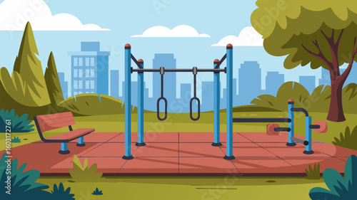 Vector illustration of an outdoor workout area with skyline background park bench and exercise apparatuses for public health in urban green spaces