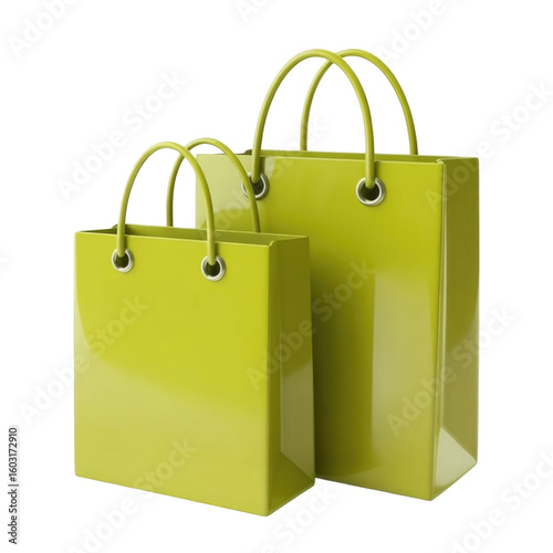 Two green shopping bags with rope handles isolated on white background for retail marketing