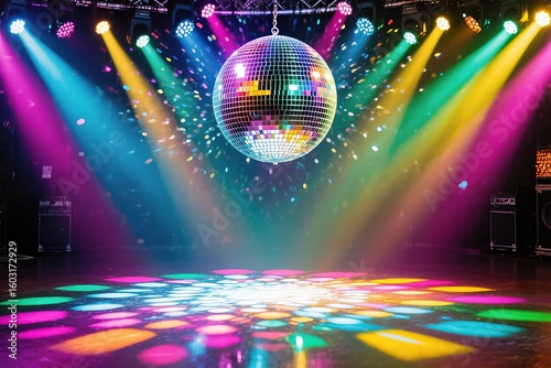 A dazzling and vibrant disco setup, featuring colorful lights that beautifully illuminate a shiny mirror ball