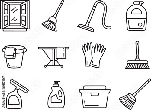 Seasonal Home Maintenance Icons Deep Cleaning, Airing Out, and Summer Chore Supplies in Line Art