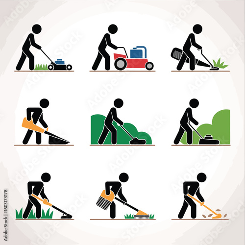 Gardening and lawn care stick figure icons