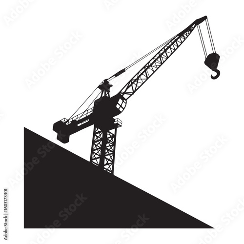 Silhouette of a tall construction tower crane with a hook against a stark white background on a sunny day