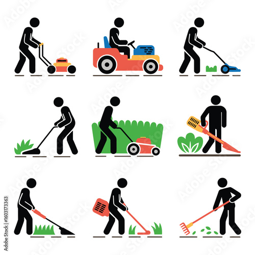 Gardening and lawn care icons showing different tools and activities