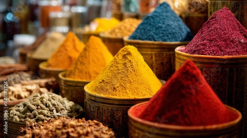 Fototapeta Naklejka Na Ścianę i Meble -  A vibrant image of a traditional spice market display with chili powder in colorful containers, showcasing its variety and appeal among other spices.