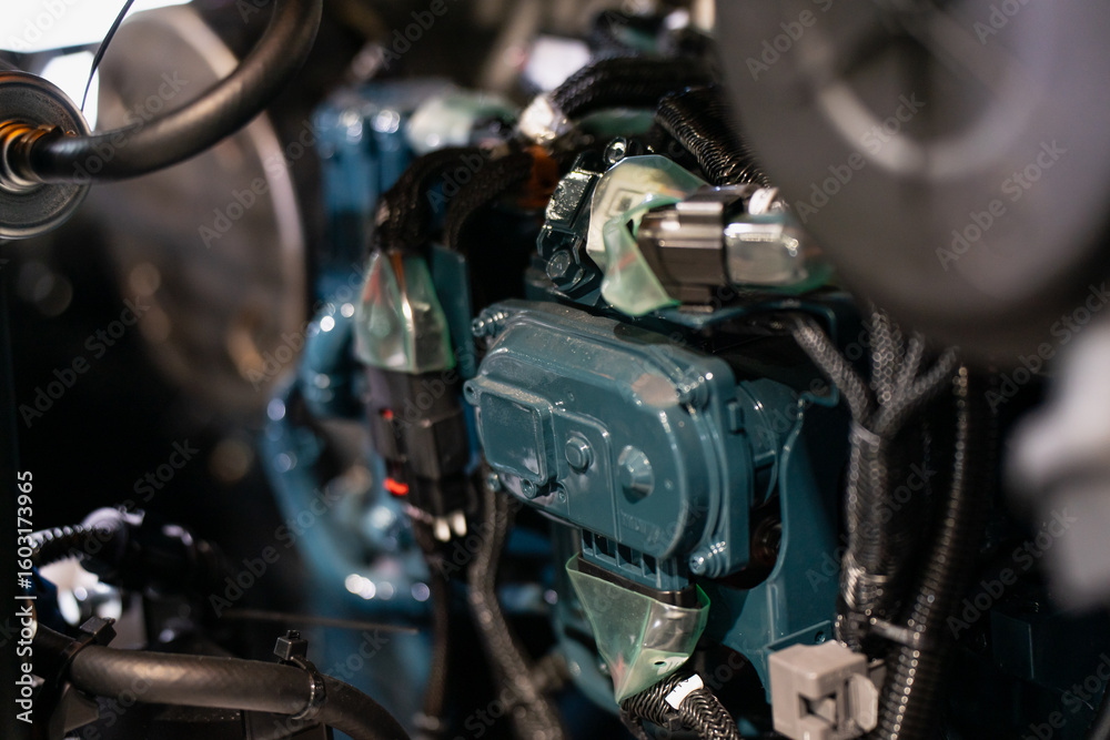 Obraz premium Detailed view of industrial diesel engine with wiring, connectors and metallic components, modern mechanical system used in heavy equipment, machinery power units and engineering applications