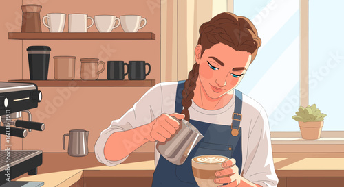 Smiling barista pouring latte art into a cup in a sunlit cafe
