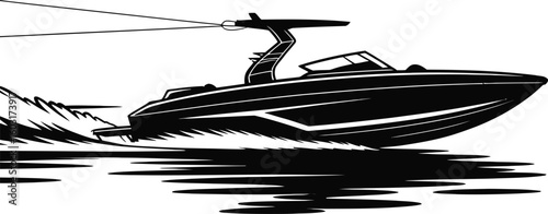 Black and White Speedboat Silhouette on Water - Nautical Vector Illustration