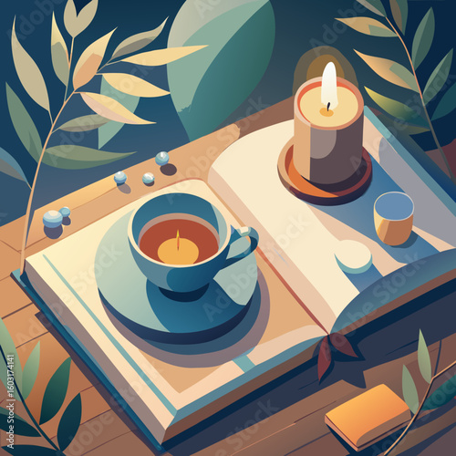 Flat Lay with Tea, Candle, and Book – Mindful Moment