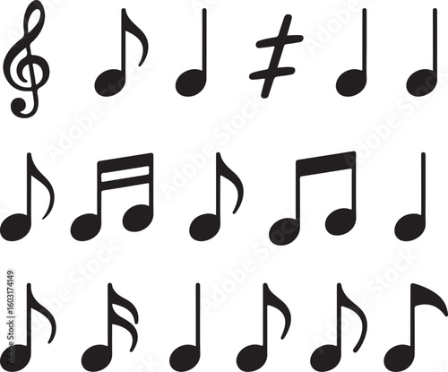 Collection of musical notes silhouette isolated on transparent background