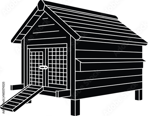 Black Silhouette of Traditional Elevated Chicken Coop with Ramp