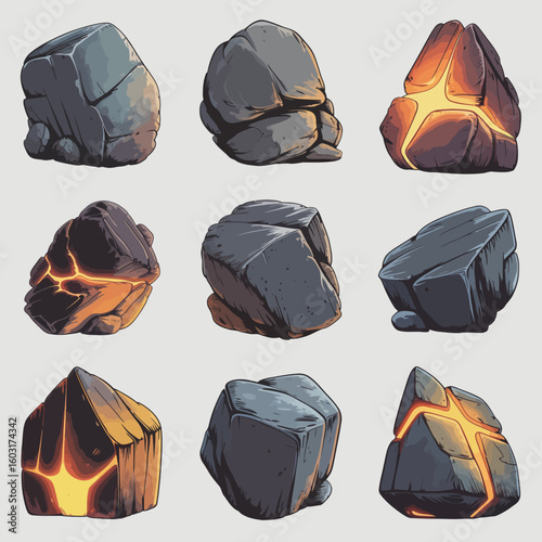 Collection of stylized rocks with glowing lava fissures