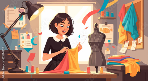 Smiling Seamstress Sewing Colorful Fabric in a Bright, Well-Lit Studio
