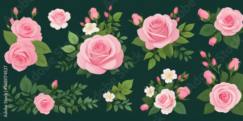 Set of floral branch. Flower pink rose, green leaves. Wedding concept with flowers. Floral poster, invite. Vector arrangements for greeting card or invitation design